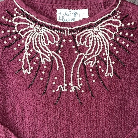 Anthropologie Field Flower Pearled Bow Pullover Crew Sweater Wool Embellished XS - Picture 8 of 15